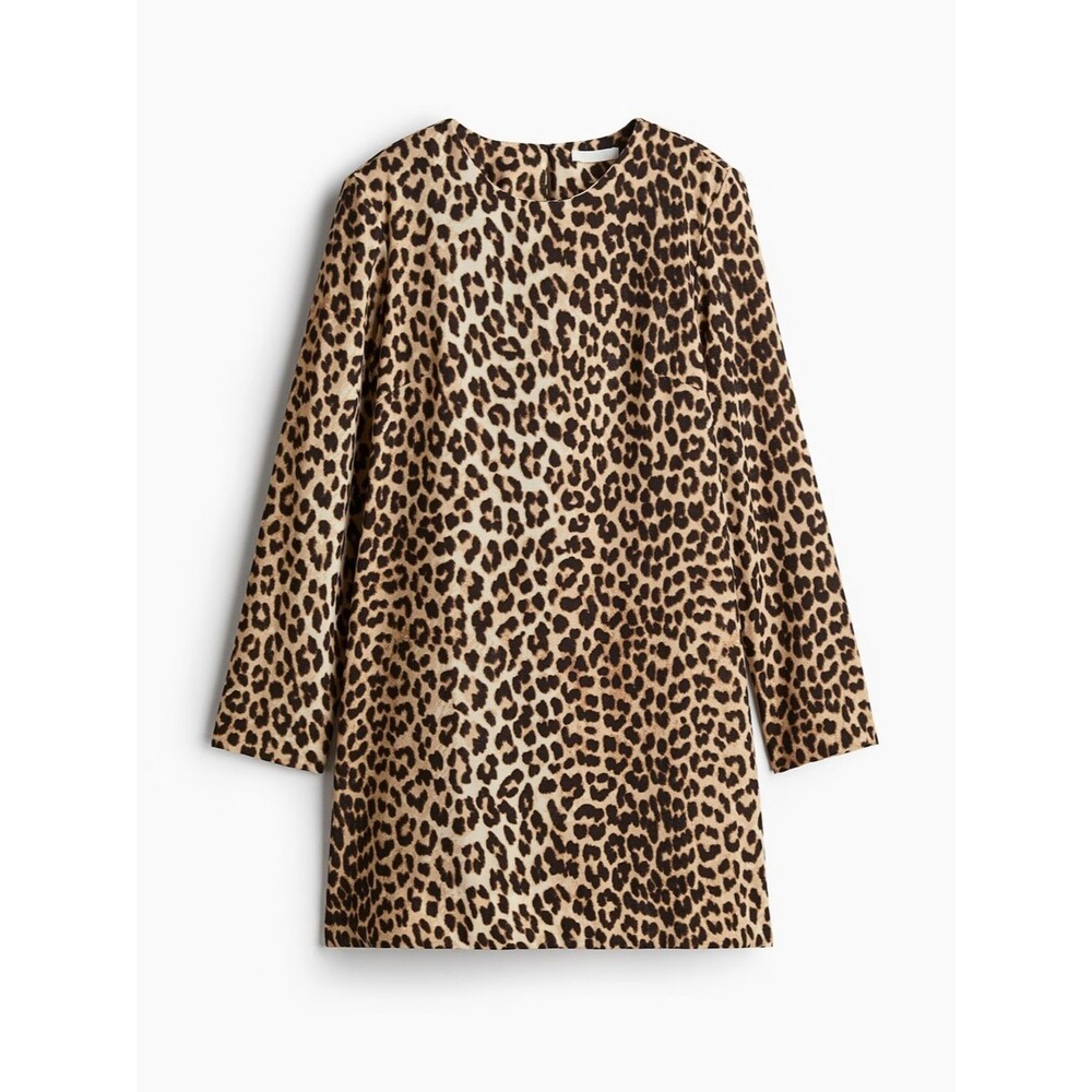 NEW H&M Tan Leopard Print Long Sleeve Shoulder Pad Mini Dress Women’s Size XS